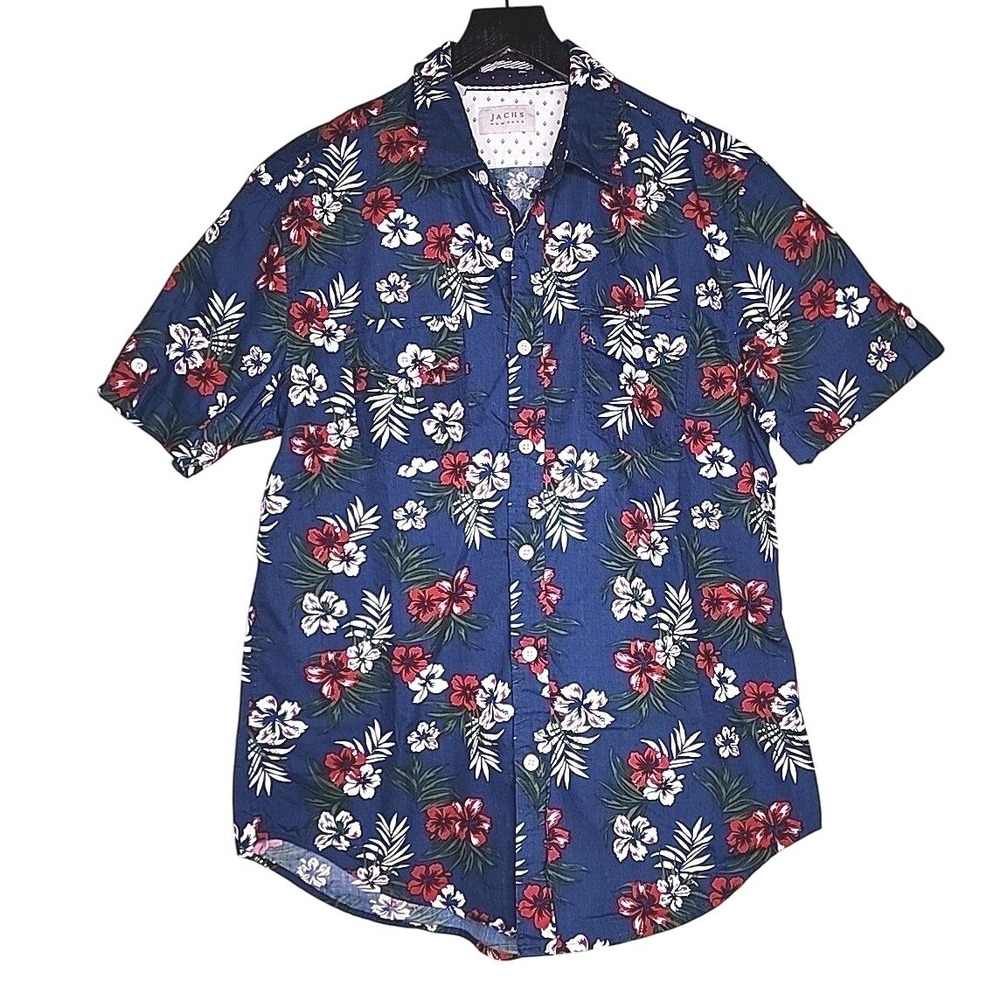 Jachs NY Mens Navy Blue Floral Cotton Short Sleeve Button Down Shirt Preppy M